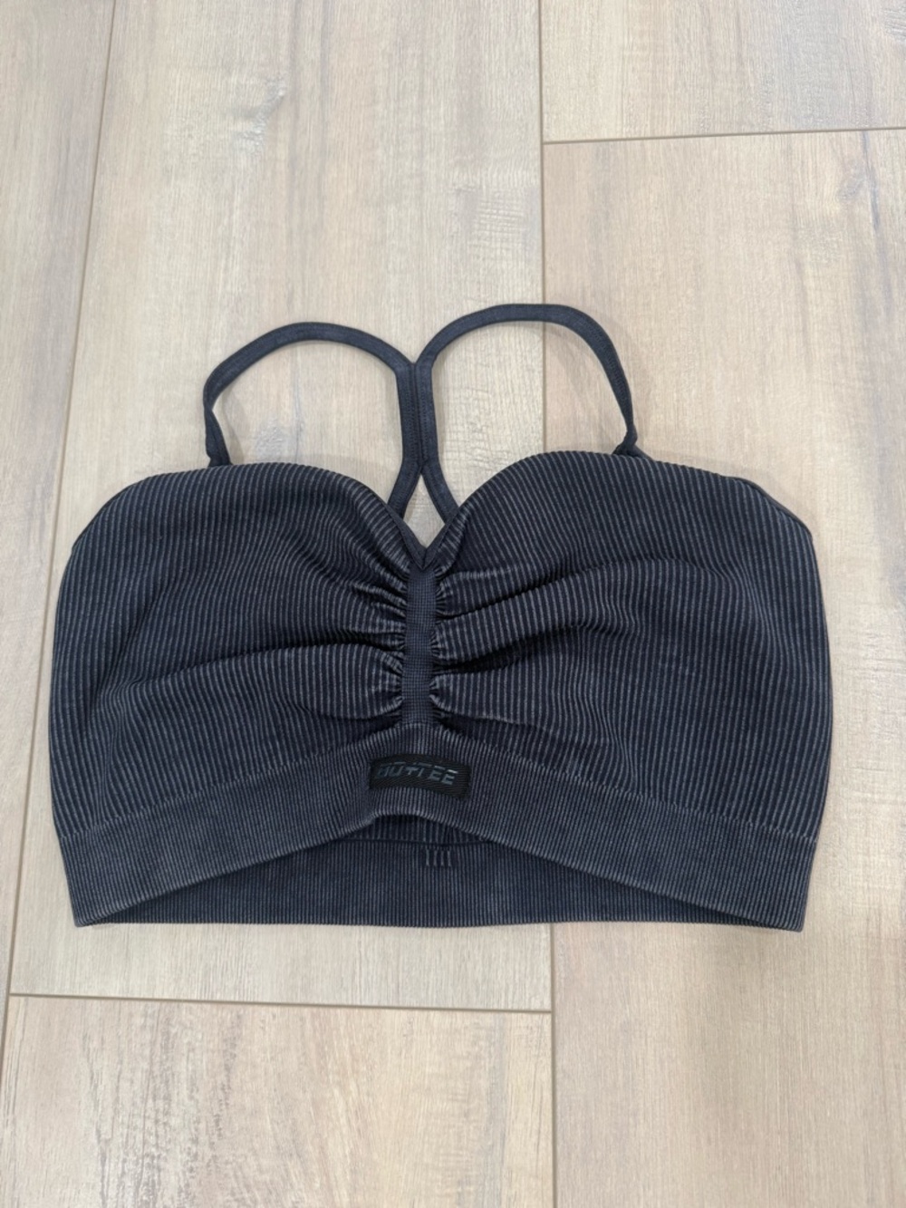 Women’s Black Ribbed Ruched Sports Bra Top